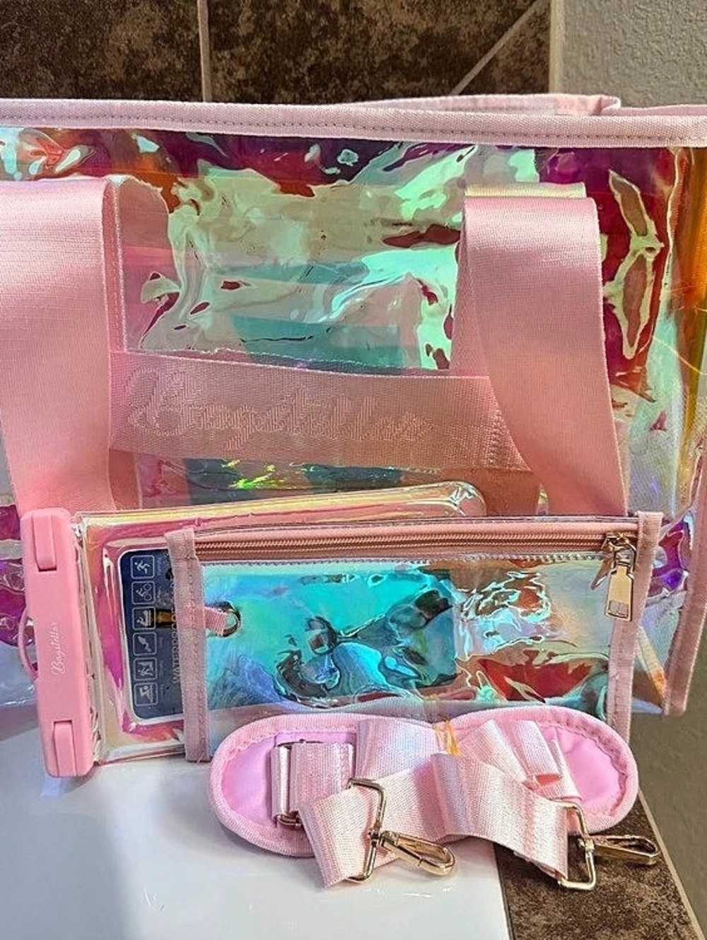 Iridescent Pink & Multicolor Tote Bag with Pouch and phone pouch